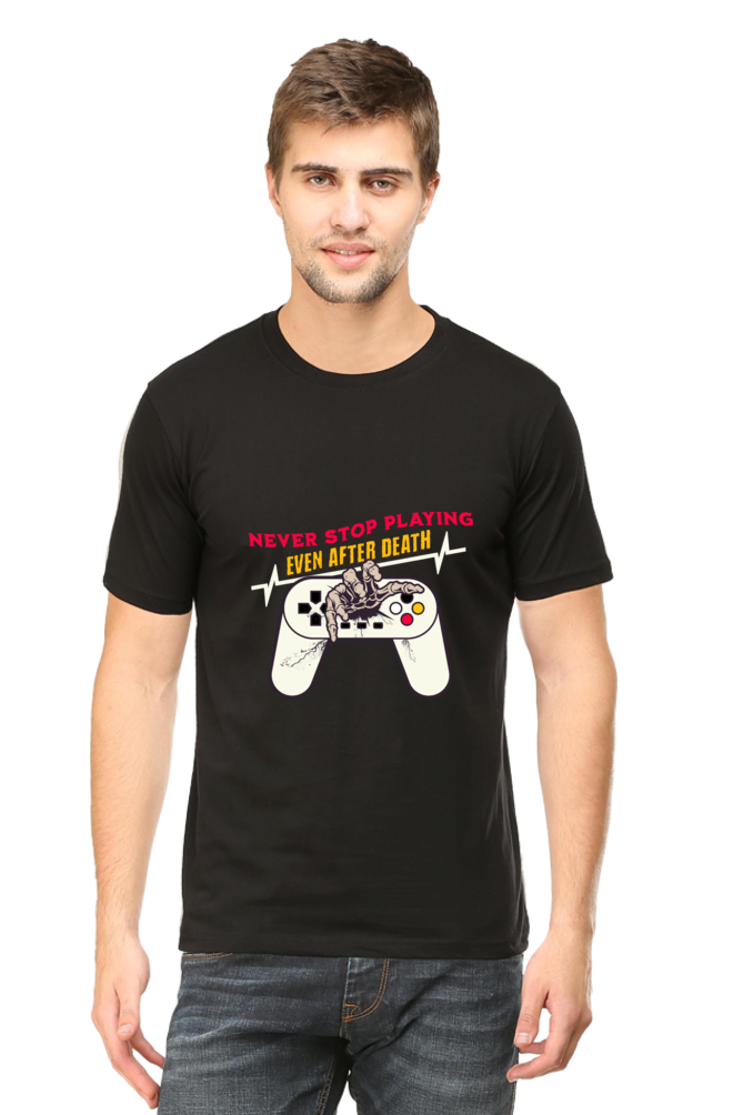 Never Stop Playing: Black Unisex Gamer Tee