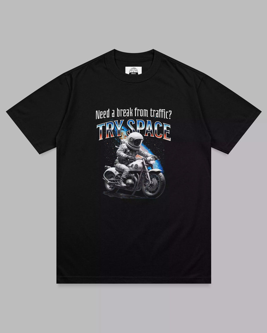 Cosmic Bike: Try Space Black Unisex Biker Tee